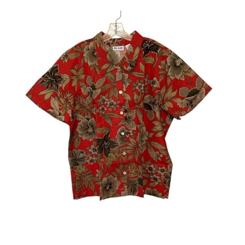 Blair Womens 3XL Cotton Red Tropical Hawaiian Blouse Short Sleeve Button Up- NEW